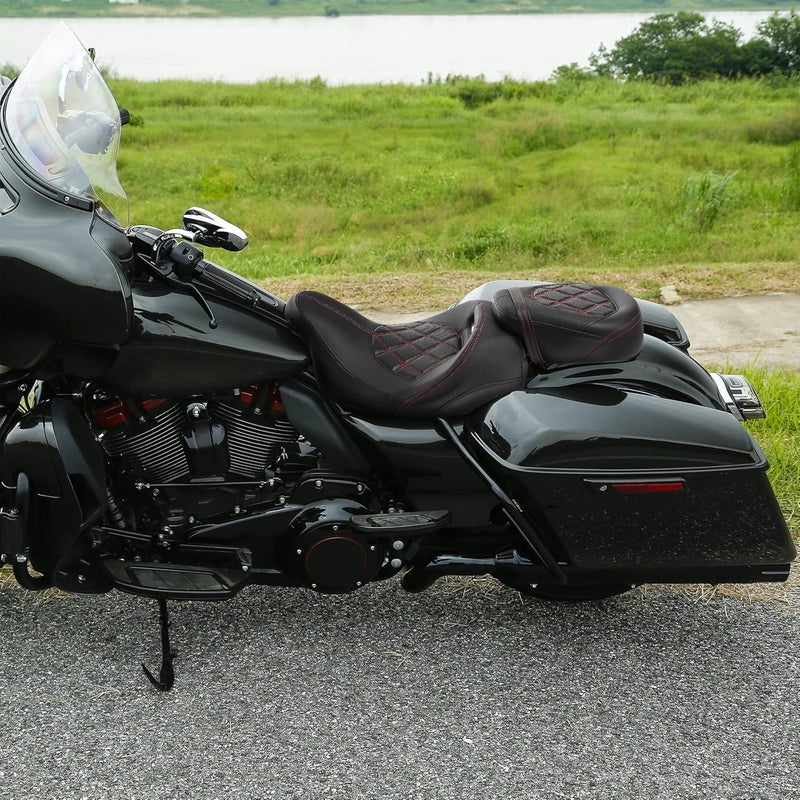 XFMT Red Stitching Low-Profile Leather Seat Pillion Passenger Rider Seat Set For Harley Touring Road King Street Glide Road Glide Electra Glide CVO 2009-2023 - Image 5